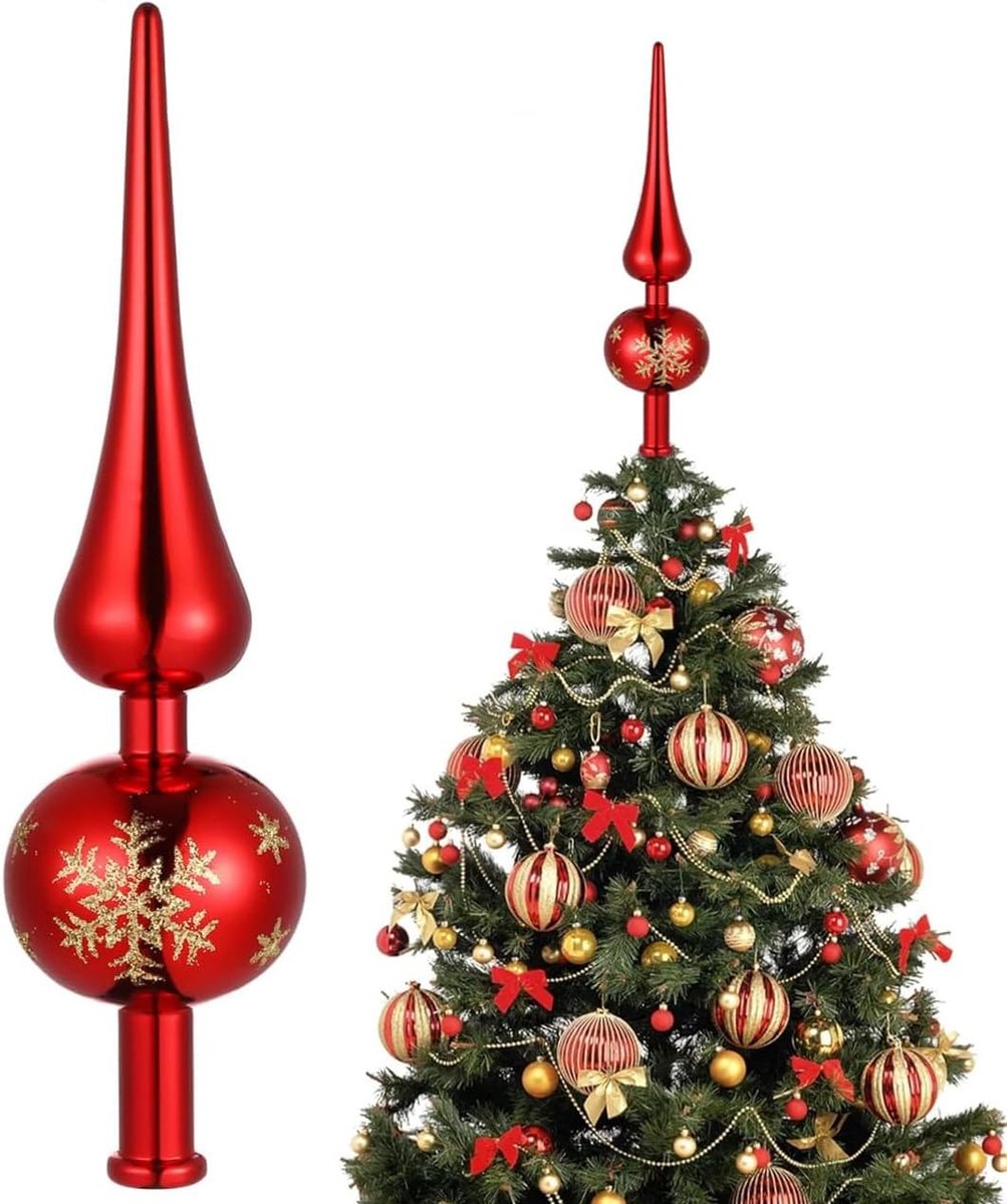 Kerstboompiek met sneeuwvlokkenpatroon, kerstboompiek rood 24 cm kerstboomversiering kant, kerstdecoratie boompiek rode kerstboom, kerstboom ster kant