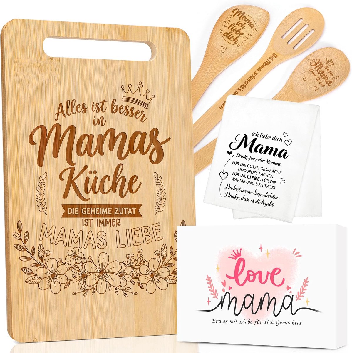 Cadeaus voor mama, gegraveerde bamboe snijplank, moederdagcadeau, cadeau voor mama, verjaardag, beste mama, cadeau met bamboe houten lepel, keukendoek, cadeauset voor Moederdag
