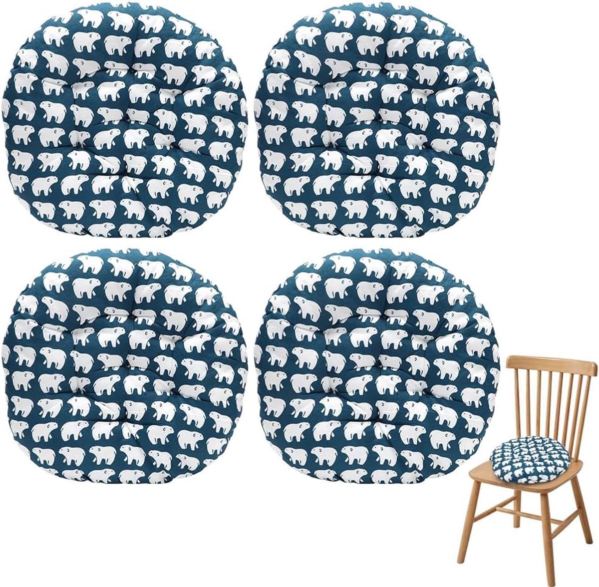 Set van 4 ronde en comfortabele stoelkussens, 40 x 40 x 3 cm, ronde vloerkussens voor binnen en buiten, voor eetkamer, woonkamer, studeerkamer, ijsbeer