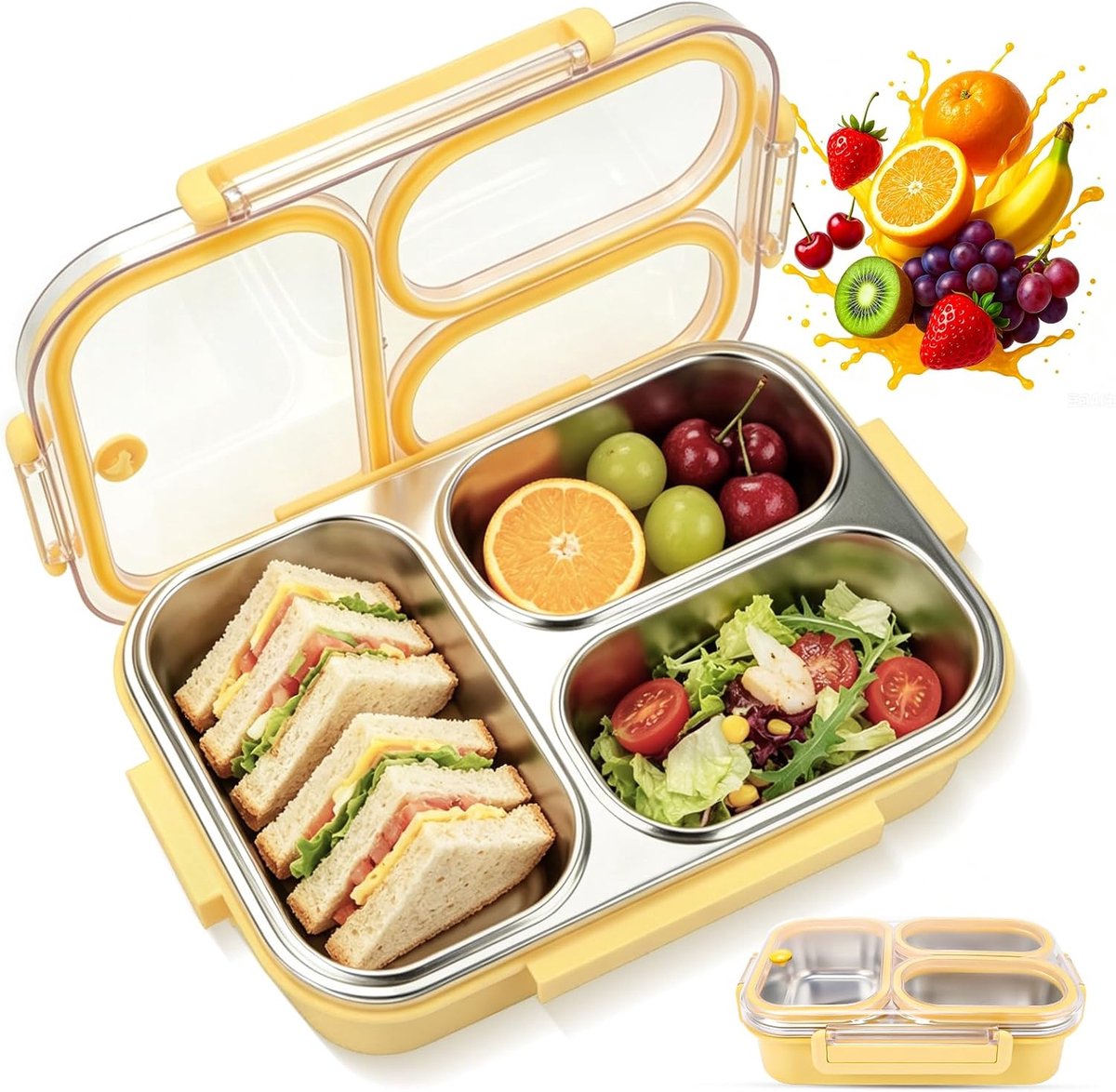 Broodtrommel met 3 vakken en onafhankelijke bento-lunchbox voor kinderen en volwassenen, lekvrije lunchbox, BPA-vrij en vaatwasmachinebestendig voor school, kleuterschool en
