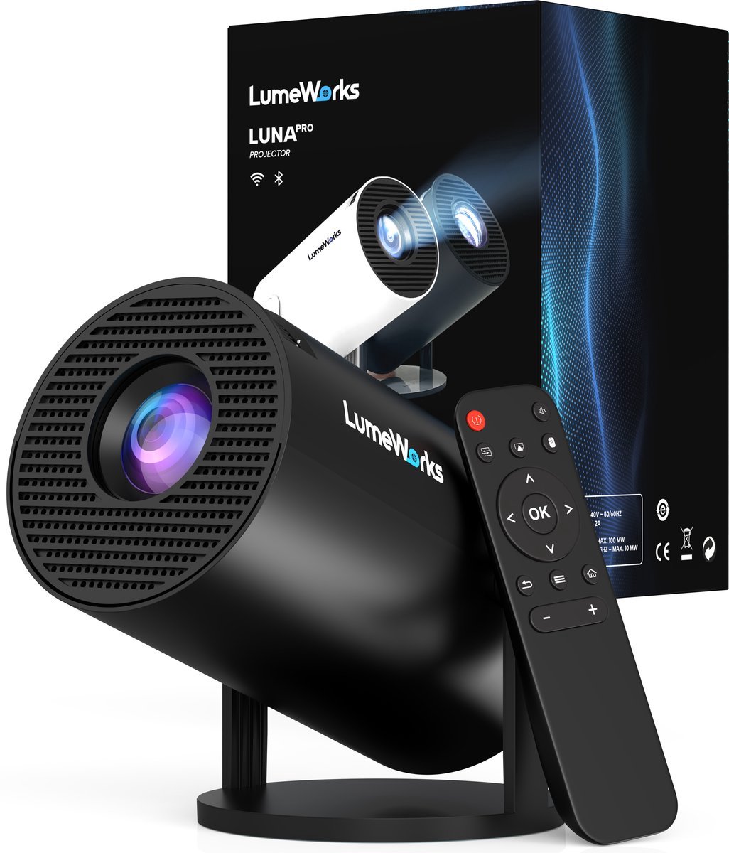 LumeWorks Luna Mini Beamer 2026 - 4K Support - Smart Projector met Android 14 - WiFi 6 & Bluetooth - Home Cinema - Draagbaar - Streamen vanaf Telefoon - Zwart