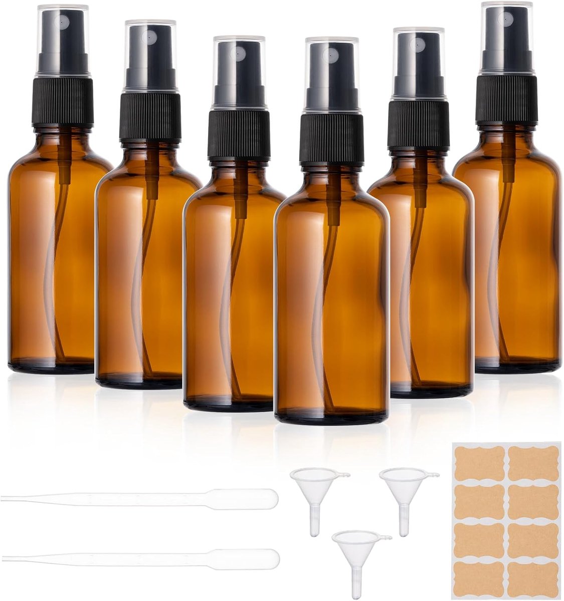 6 lege glazen spuitflessen 50 ml, kleine spuitfles van bruin glas om te vullen met trechter, pipetten en etiketten voor etherische oliën, parfum