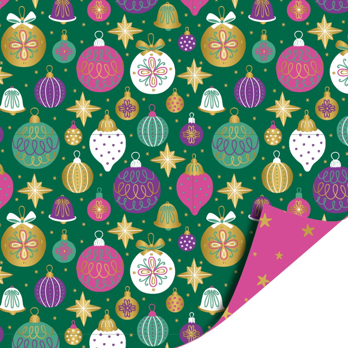 Het Inpakhuis - Cadeaupapier - Inpakpapier - Kadopapier - Kerst - Christmas ornaments green - Little stars pink gold - Goud - Groen - Roze - 70cm x 2 mtr