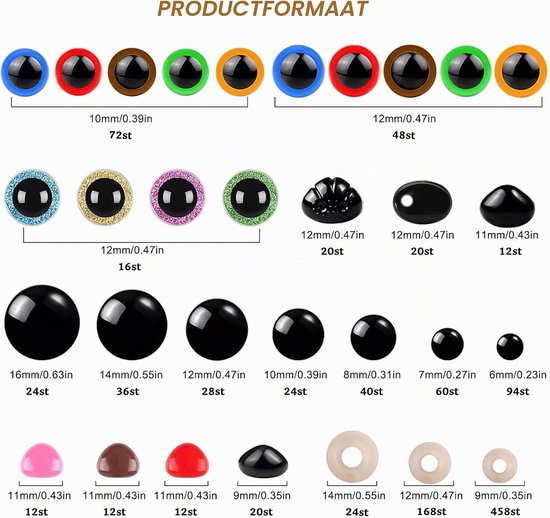 Ogen voor gehaakte dieren, veiligheidsogen 6–16 mm om te haken, kleurrijke ogen voor gehaakte dieren Voorzien van 2 pincetten voor pop, knuffel en marionet knutselen — afbeelding 2
