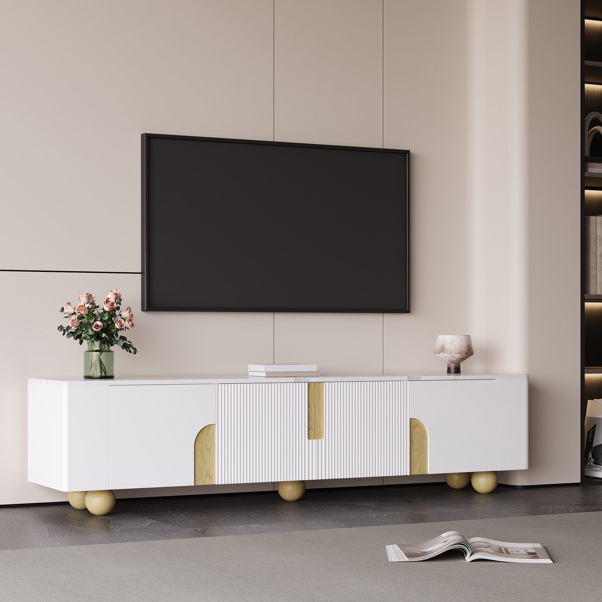 Sweiko TV meubel - 4 deuren - Marmerlook - Houten poten - 180 x 40 x 44 cm - Wit