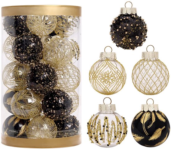 Set de 25 boules de Noël noires et dorées. Comprend des boules noires scintillantes, des boules transparentes à motifs dorés et des boules noires à plumes dorées.