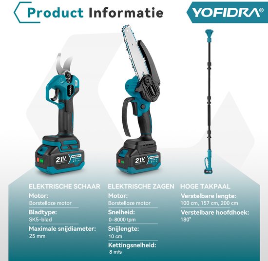 Yofidra Accu-Hoogsnoeier - 4-in-1 Telescopische Kettingzaag + Elektrische Snoeischaar - 1 m tot 2 m - 6 Inch Kettingzaag - 25 mm Snoeizaag - Borstelloze Motor - zum Baum- und Heckenschneiden van Yofidra — afbeelding 3