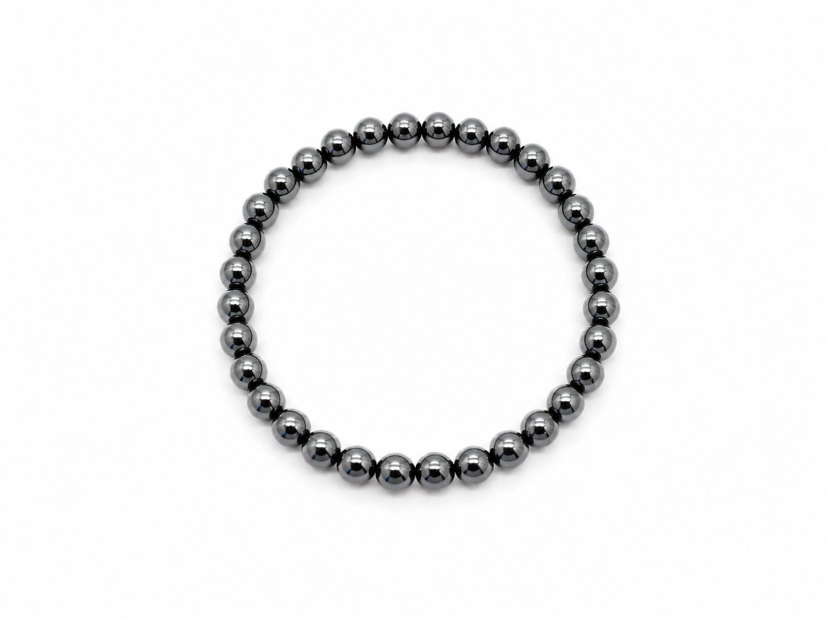 Hematiet Armband 17 cm – Natuurlijke Edelsteen Armband met 6 mm Kralen – Glanzende Donkergrijze Kralenarmband – Elastische Edelsteen Armband voor Dames en Heren – Natuursteen Sieraad - Hematiet Armband - Hematiet