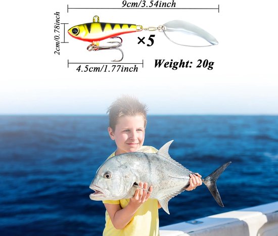 Set van 5 vishaakjes Jig Spinner - 20 g - In een aasdoos - Loodzware kop - Voor baars, snoek, snoekbaars, ree, Spinjig-aas - In een aasdoos - Actief onder UV-licht — afbeelding 2
