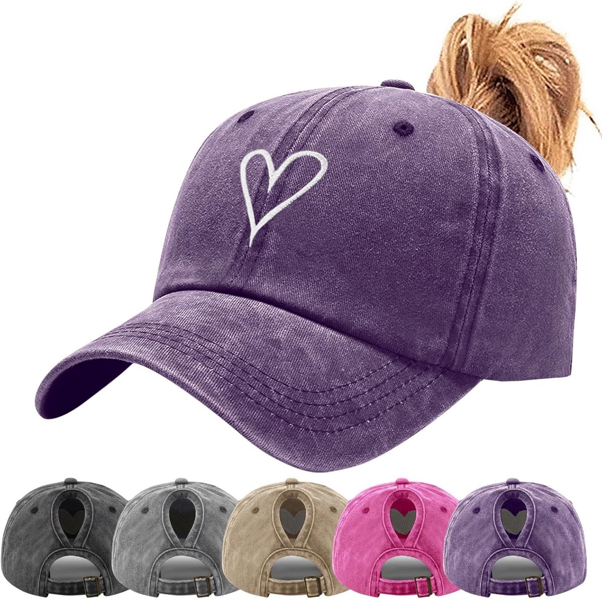 Paardenstaart Baseball Cap voor Vrouwen Vintage Gewassen Katoen Hart Geborduurd Hoge Rommelige Bun Ponycap Verstelbare Comfortabele Uv-bescherming Trucker Hoed Snapback Outdoor Sport Cap