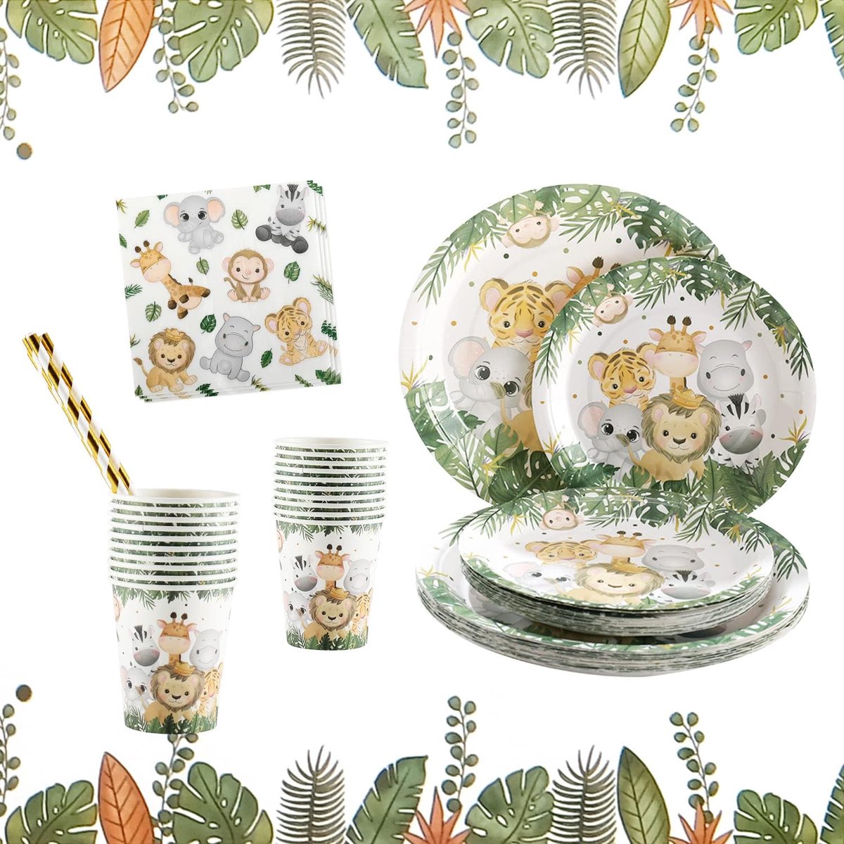 Safari Partyserviesset, wegwerpserviesset voor jongens, 100 stuks papieren borden, bekers, servetten, rietjes voor Wild One, kinderverjaardag, decoratie, babyshower