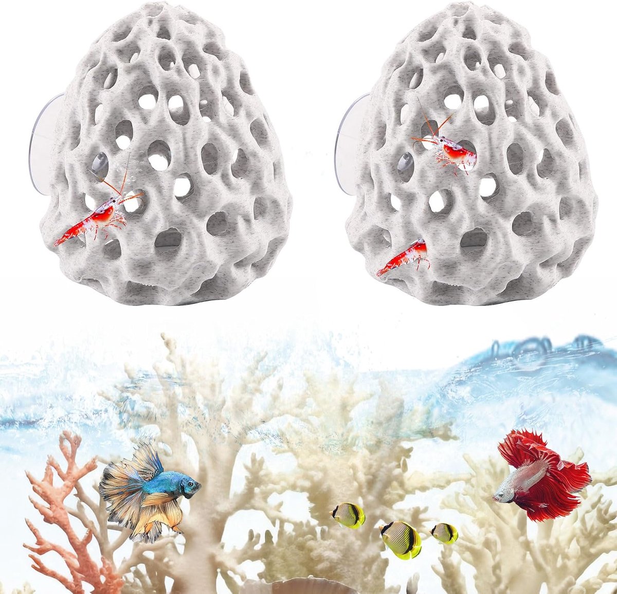 2 stuks garnalenverstopplaats van plastic - aquariumgrot met zuignap simulatie poreuze koraalsteen cave decoratie voor garnalen vissen kweken en bescherming voor kleine vissen (wit)