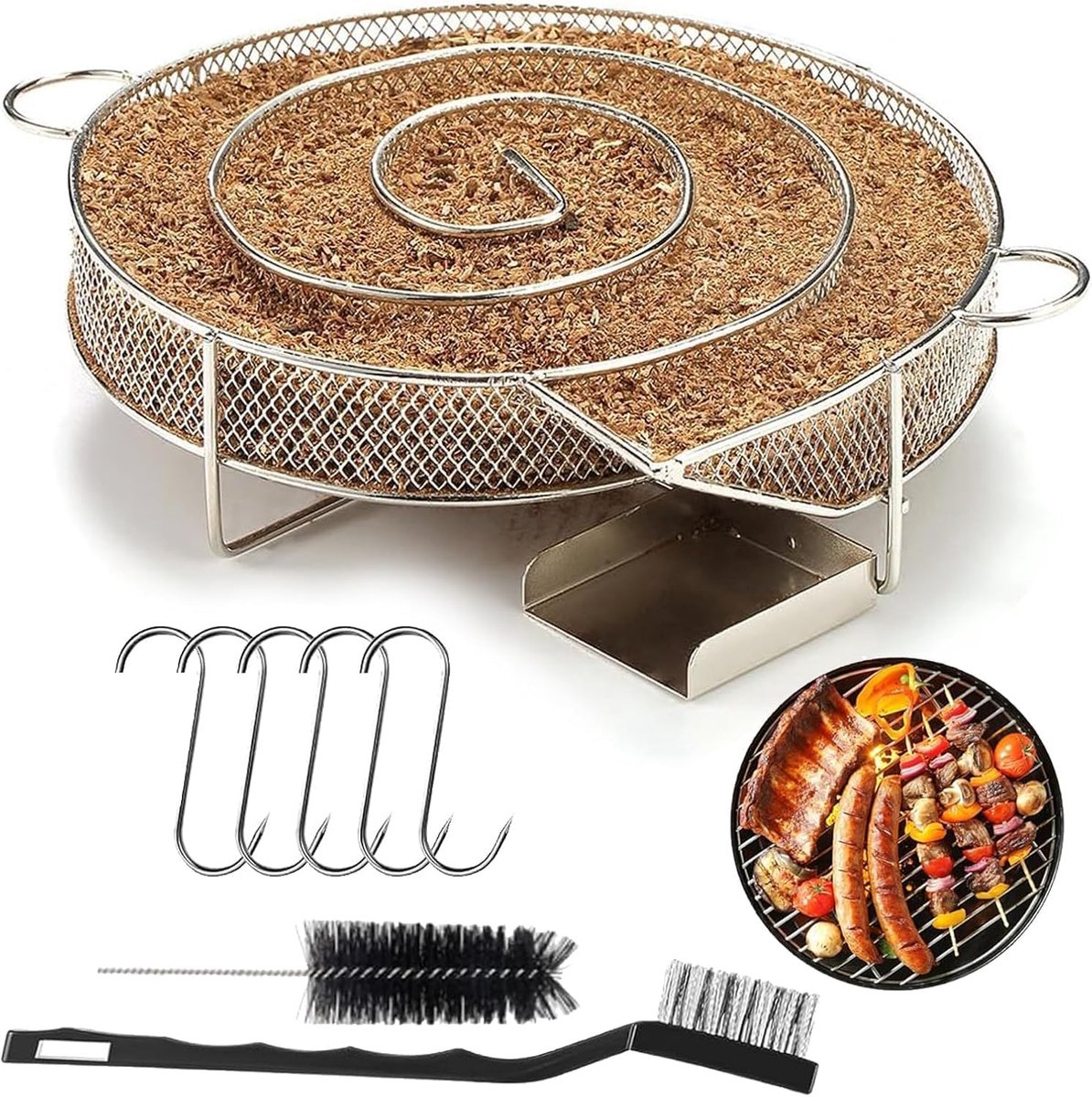 Stalen koude rookgenerator, ronde rookgenerator, voor grillapparaten, kogelgrill, met 5 vleeshaken + 2 reinigingsborstels
