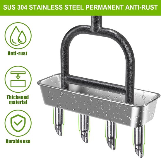 Gazonbeluchter, verbeterde kern holle tand gras beluchting tool handleiding tuin bodem plugger 4 Prong Heavy Duty Coring Beluchting Spike Driehoek Handvat met Core Opslag Tray & Clay Release — afbeelding 2