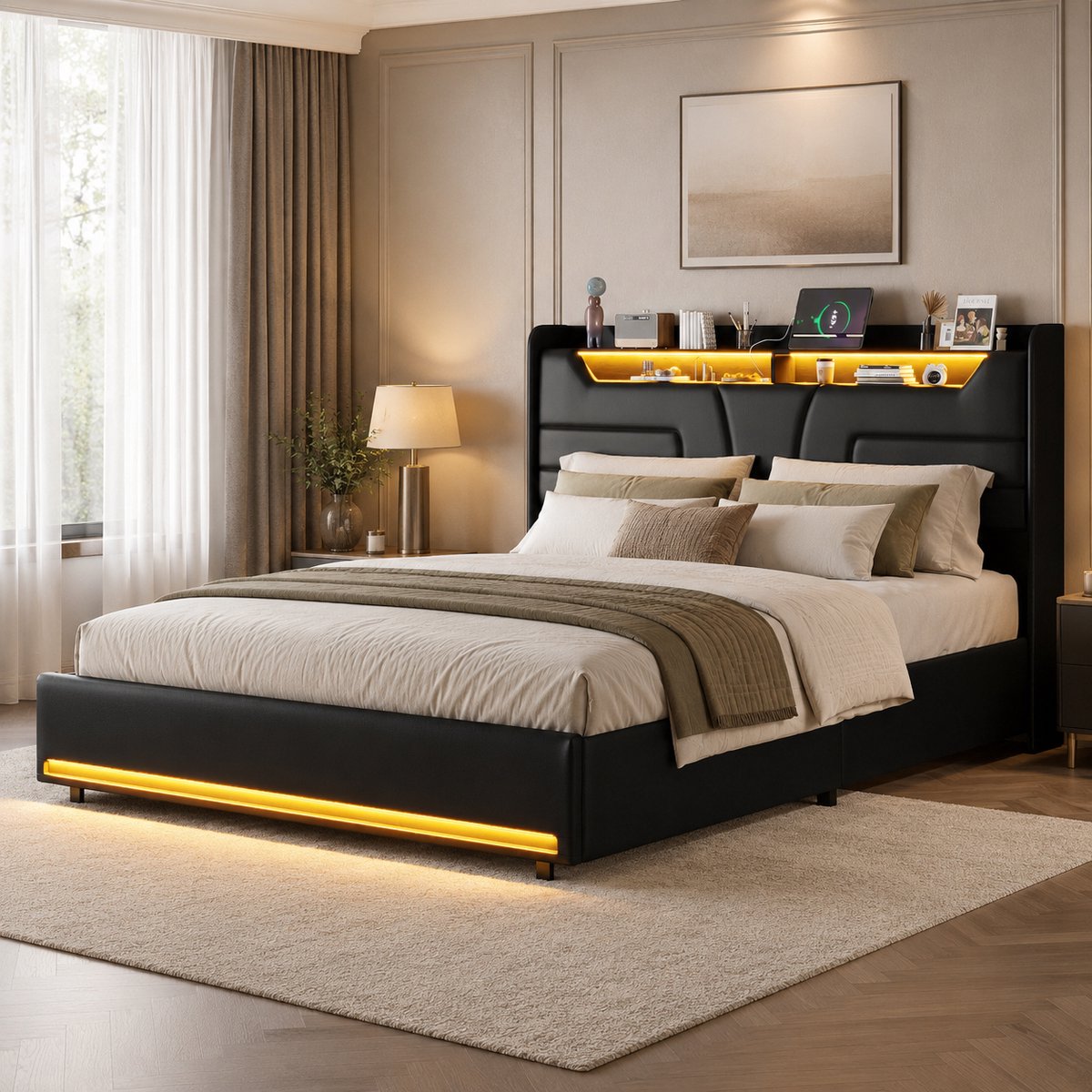 MEXUS Gestoffeerd Bed 160x200 cm, Volwassenenbed Ledverlichting, Opbergruimte Lattenbodem, Stekkerdoos (2 Stopcontacten, 2 USB-Poorten), PU-Materiaal, Zwart, Modern, Matras Niet Inbegrepen (Zwart, 160x200 cm)