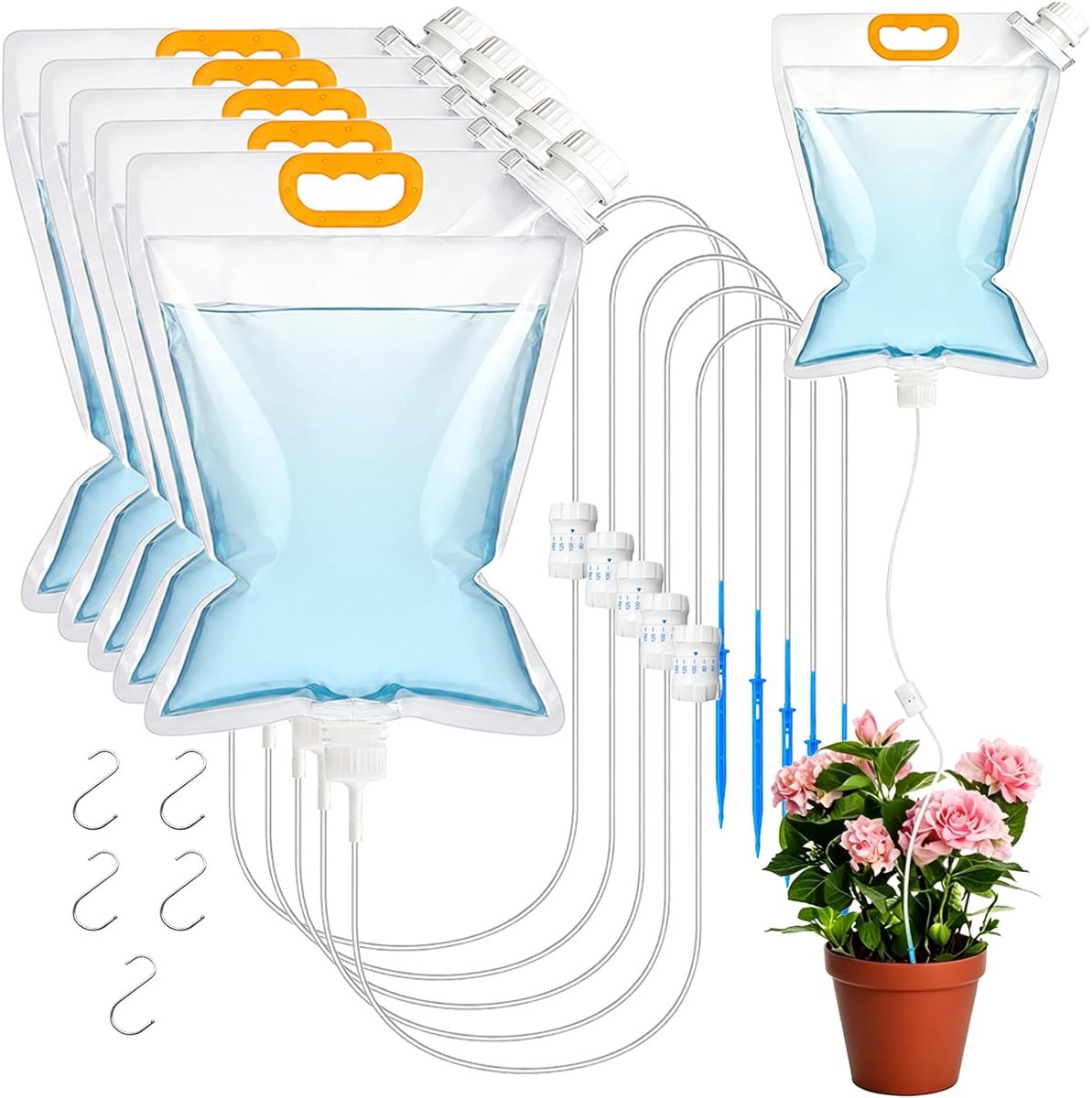 5 stuks 5 liter planten irrigatie druppelirrigatiezak automatisch irrigatiesysteem kunststof irrigatieapparaat plantenirrigatie voor kamerplanten druppelirrigatieset (5, één regelventiel)