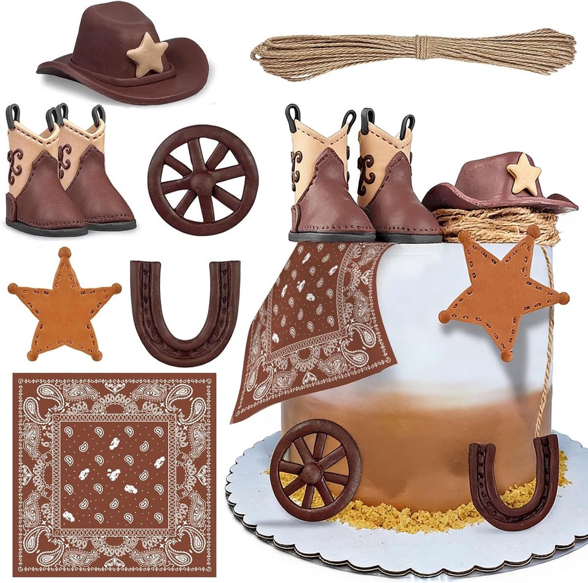 Taartdecoratieset, westerse taarttopper met hoed, laarzen en paardensieraden, ideaal voor cowboyparty, verjaardag en babyshower, gedetailleerde taartdecoratie voor western-thema
