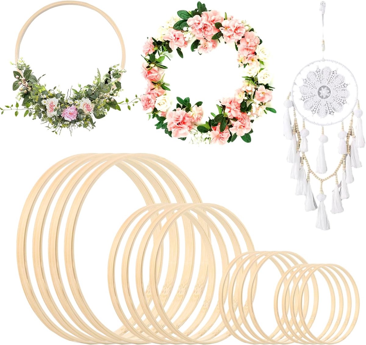 16 Stuks Grote Bamboe Hoepels, Ambachtelijke Hoepelringen, 4 Maten Decoratieve Houten Kransringen, DIY Dromenvanger Ringen voor Ambachten, Houten Hoepels voor Knutselen Bruiloft Krans Decoratie