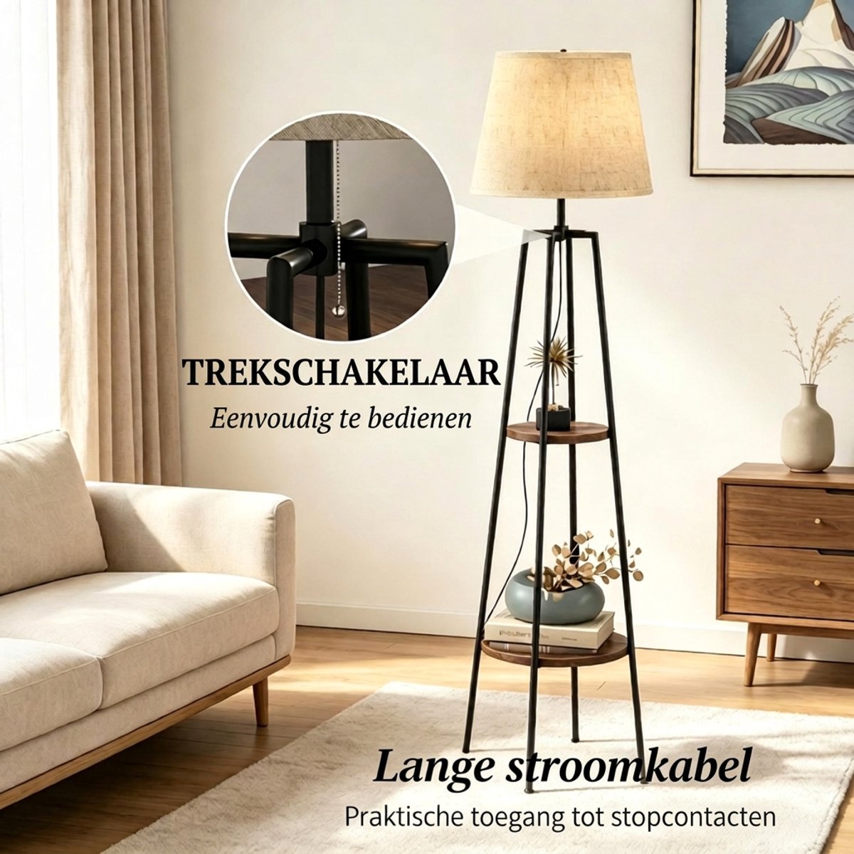 Moderne Vloerlamp-Driepoot Vloerlamp-Staande Lamp Met 2 Planken-E27 Fitting-Voor Woonkamer En Slaapkamer-42 x 42 x 166 cm-Zwart Bruin