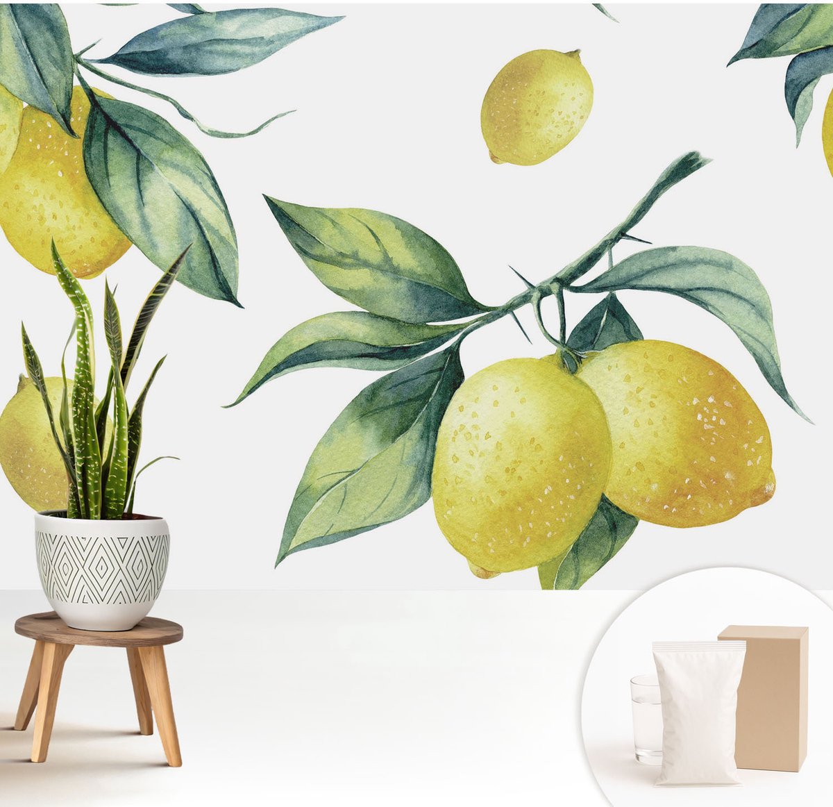 Wallfluent Fotobehang - Geel Vliesbehang - 208x146 cm - Citroenmotief Fotobehang Vlies - Woonkamer behang Bloemen En Planten - Muurschildering - Woonkamer behang