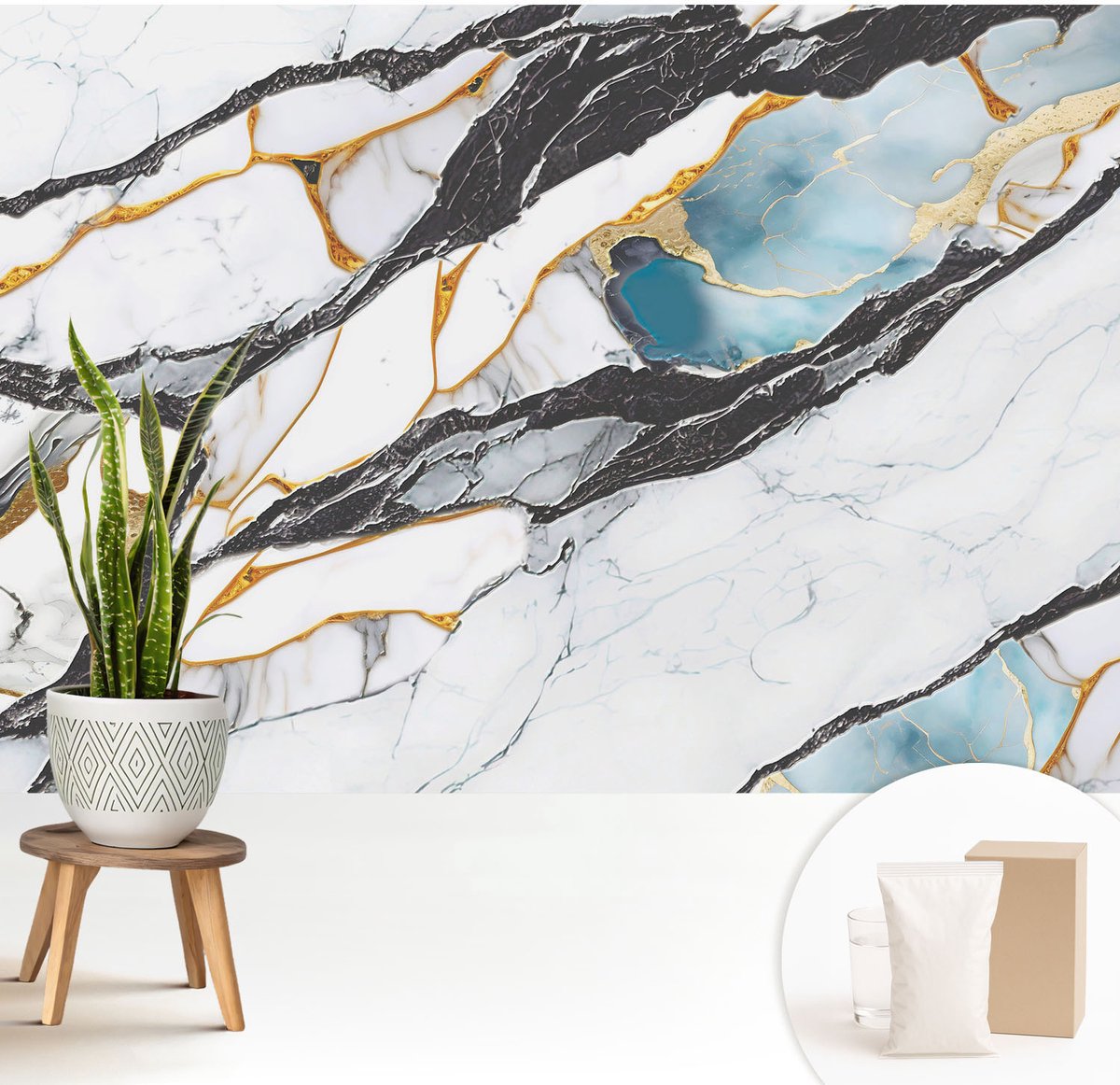 Wallfluent Fotobehang - Wit Vliesbehang - 208x146 cm - Elegant Marmer Muurschildering - Slaapkamer behang Texturen - Fotobehang Vlies - Gang behang