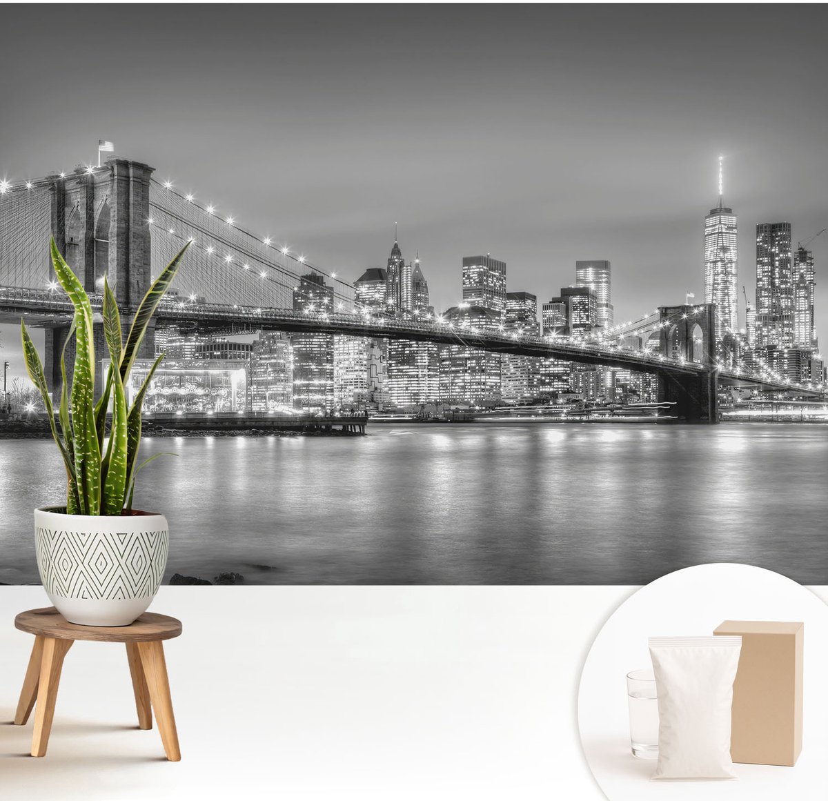 Wallfluent Fotobehang - Zwart-Wit Vliesbehang - 208x146 cm - De Metropoolbrug Muurschildering - Gang behang Steden - Fotobehang Vlies - Slaapkamer behang