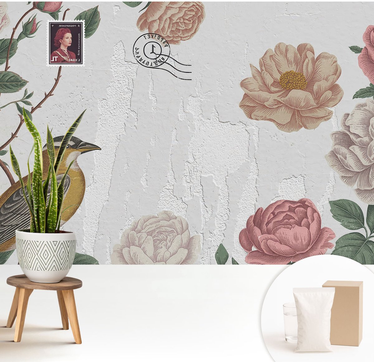 Wallfluent Fotobehang - Wit Vliesbehang - 208x146 cm - Vintage Bloemen Fotobehang Vlies - Woonkamer behang Bloemen En Planten - Muurschildering - Woonkamer behang
