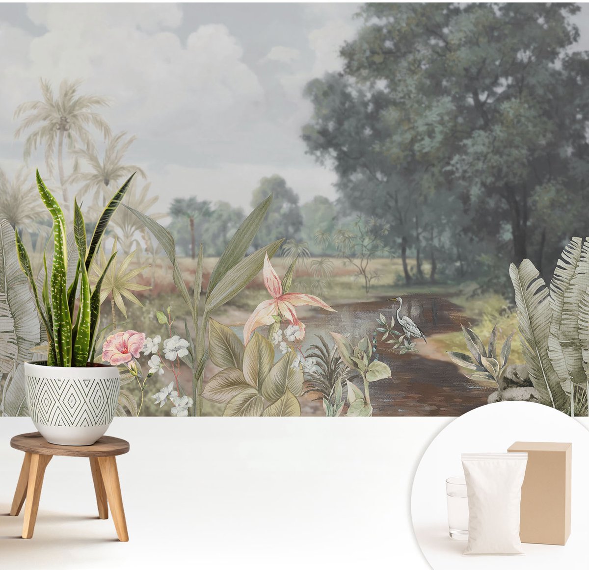 Wallfluent Fotobehang - Grijs Vliesbehang - 208x146 cm - Exotisch Landschap Muurschildering - Slaapkamer behang Bloemen En Planten - Fotobehang Vlies - Gang behang