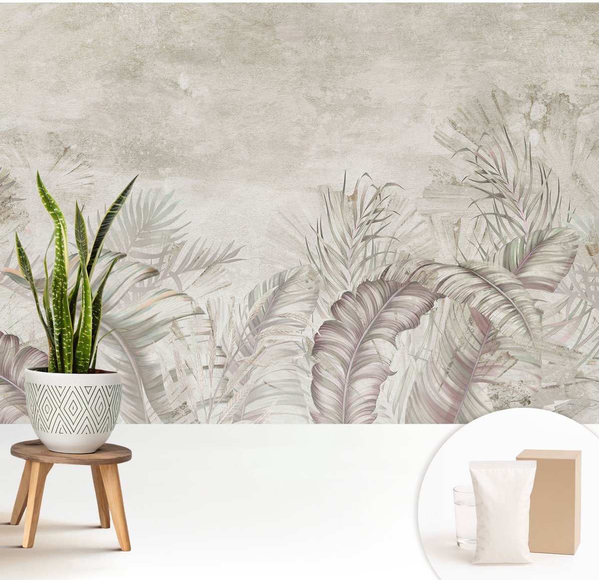 Wallfluent Fotobehang - Beige Vliesbehang - 208x146 cm - Decoratieve Bladeren Muurschildering - Slaapkamer behang Bloemen En Planten - Fotobehang Vlies - Slaapkamer behang