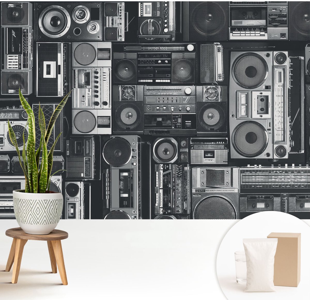 Wallfluent Fotobehang - Zwart Vliesbehang - 208x146 cm - Retro Radio Muurschildering - Slaapkamer behang Achtergronden En Patronen - Fotobehang Vlies - Gang behang