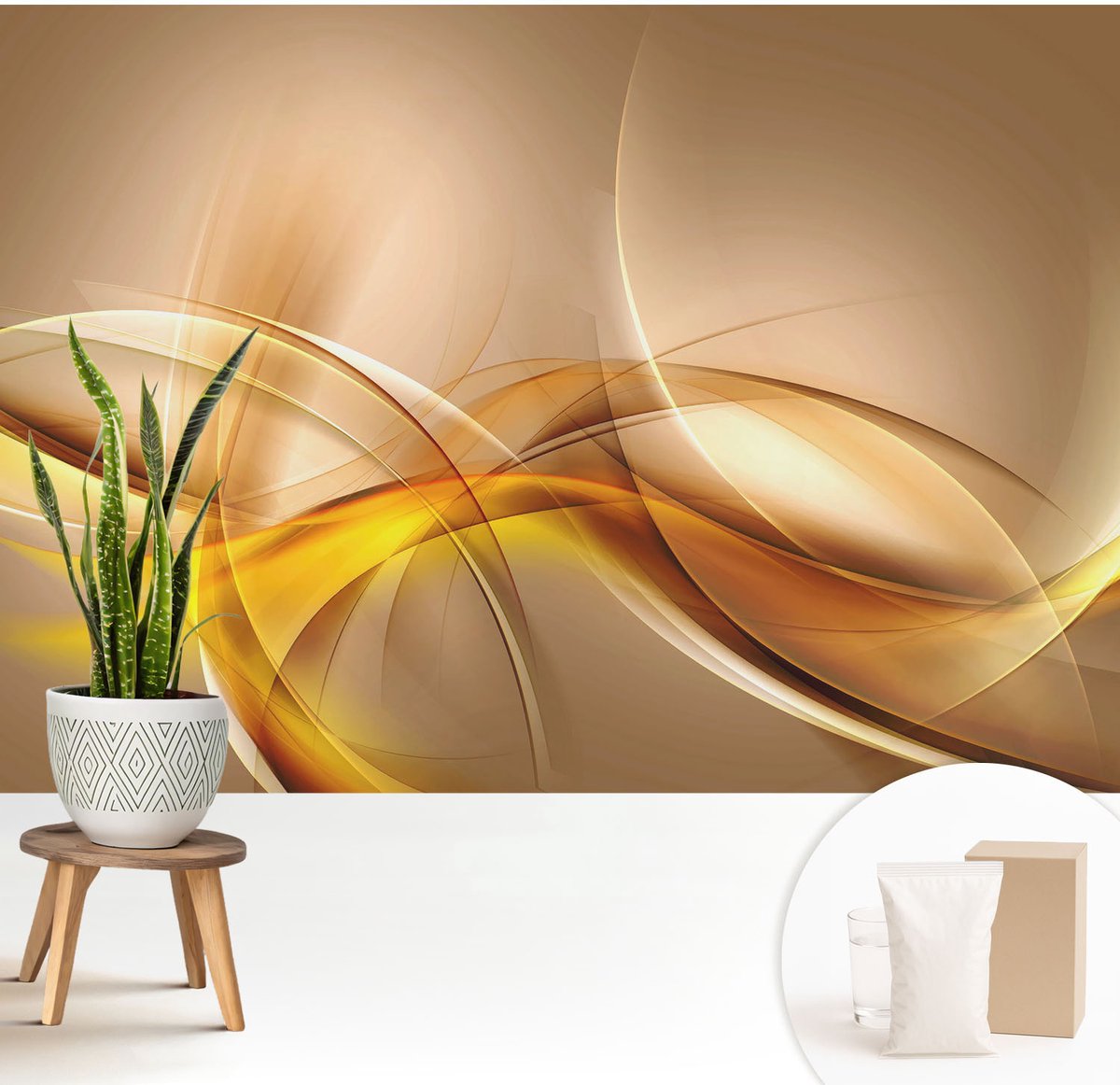 Wallfluent Fotobehang - Beige Vliesbehang - 208x146 cm - Zachte Lijnen Muurschildering - Slaapkamer behang Abstractie - Fotobehang Vlies - Slaapkamer behang