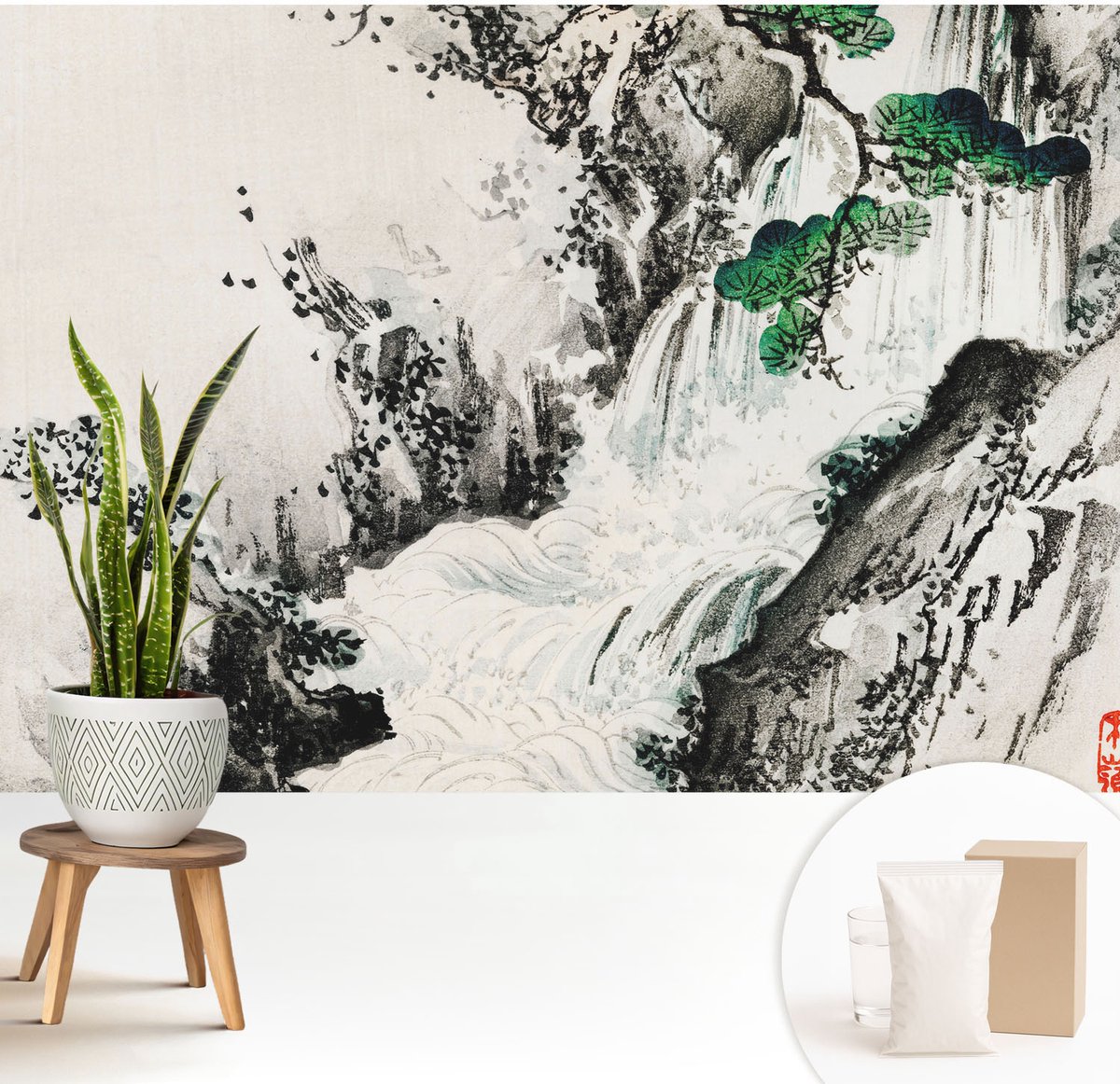 Wallfluent Fotobehang - Zwart-Wit Vliesbehang - 208x146 cm - Natuurlijke Waterval Fotobehang Vlies - Hal behang Landschappen - Muurschildering - Woonkamer behang