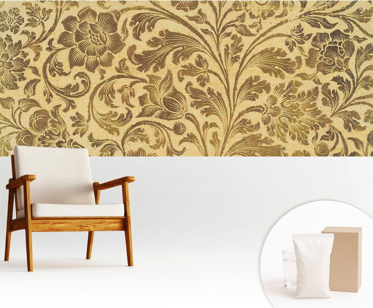 Wallfluent Fotobehang - Geel Vliesbehang - 250x104 cm - Bloemenpatroon Fotobehang Vlies - Hal behang Achtergronden En Patronen - Muurschildering - Woonkamer behang