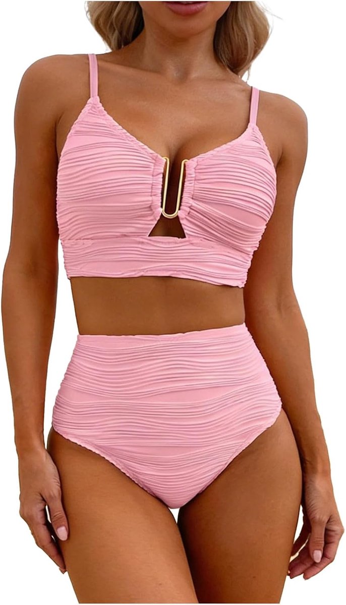Tweedelige bikini hoge taille V-hals plooien detail comfortabel badpak stijlvol zomer strand vakantie