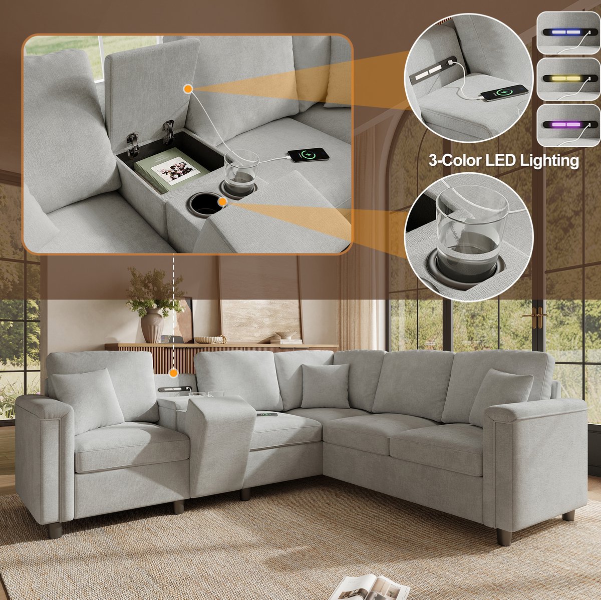 MODENUIT Hoekbank 235 x 208 x 83 cm - Opbergruimte En Oplaadpoorten - Woonkamer - Chenille Lichtgrijs
