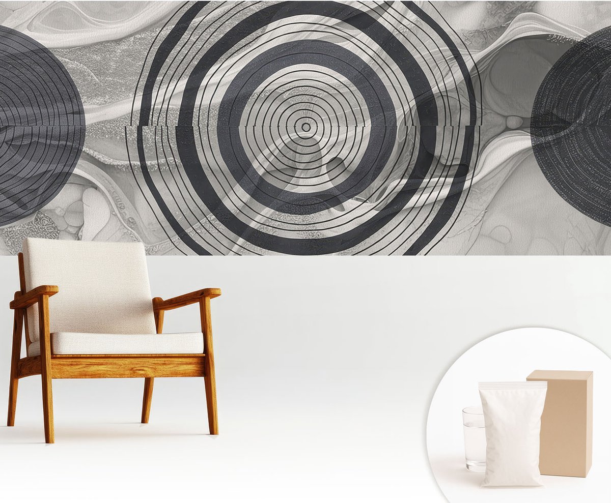 Wallfluent Fotobehang - Zwart-Wit Vliesbehang - 250x104 cm - Grijze Cirkels Fotobehang Vlies - Woonkamer behang Abstractie - Muurschildering - Hal behang