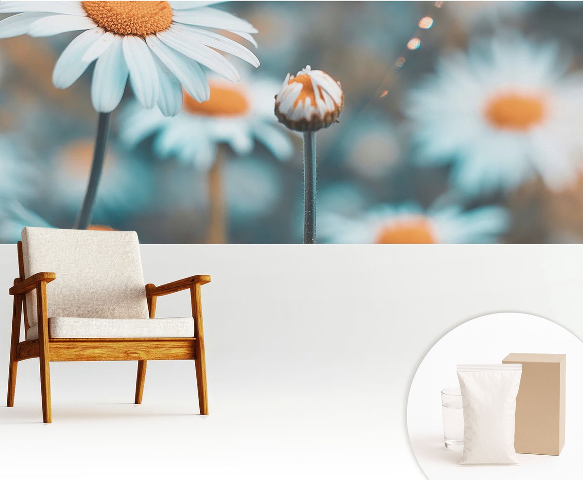 Wallfluent Fotobehang - Blauw Vliesbehang - 250x104 cm - Kamille Delicatesse Fotobehang Vlies - Woonkamer behang Bloemen En Planten - Muurschildering - Woonkamer behang