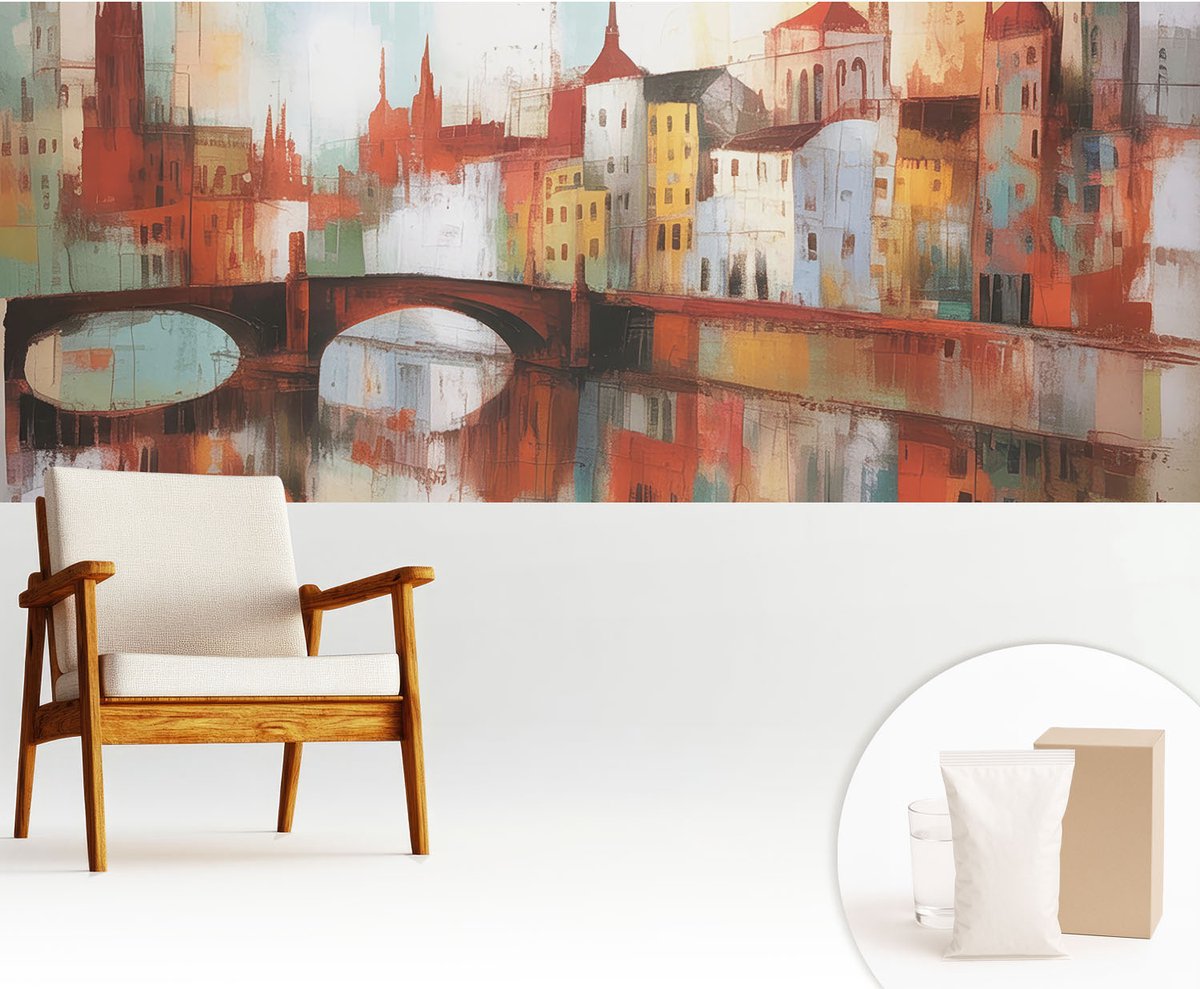 Wallfluent Fotobehang - Oranje Vliesbehang - 250x104 cm - Stadslandschap Fotobehang Vlies - Hal behang Architectuur - Muurschildering - Hal behang