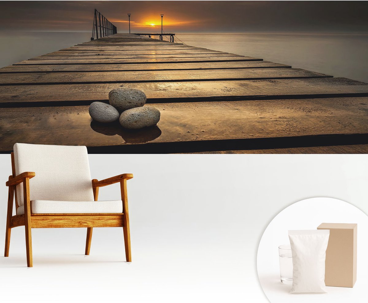 Wallfluent Fotobehang - Bruin Vliesbehang - 250x104 cm - Zonsondergang Muurschildering - Gang behang Landschappen - Fotobehang Vlies - Slaapkamer behang
