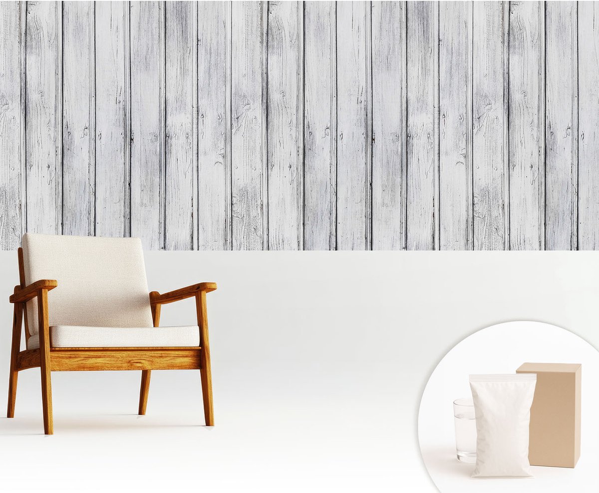 Wallfluent Fotobehang - Wit Vliesbehang - 250x104 cm - Houten Planken Fotobehang Vlies - Hal behang Texturen - Muurschildering - Hal behang