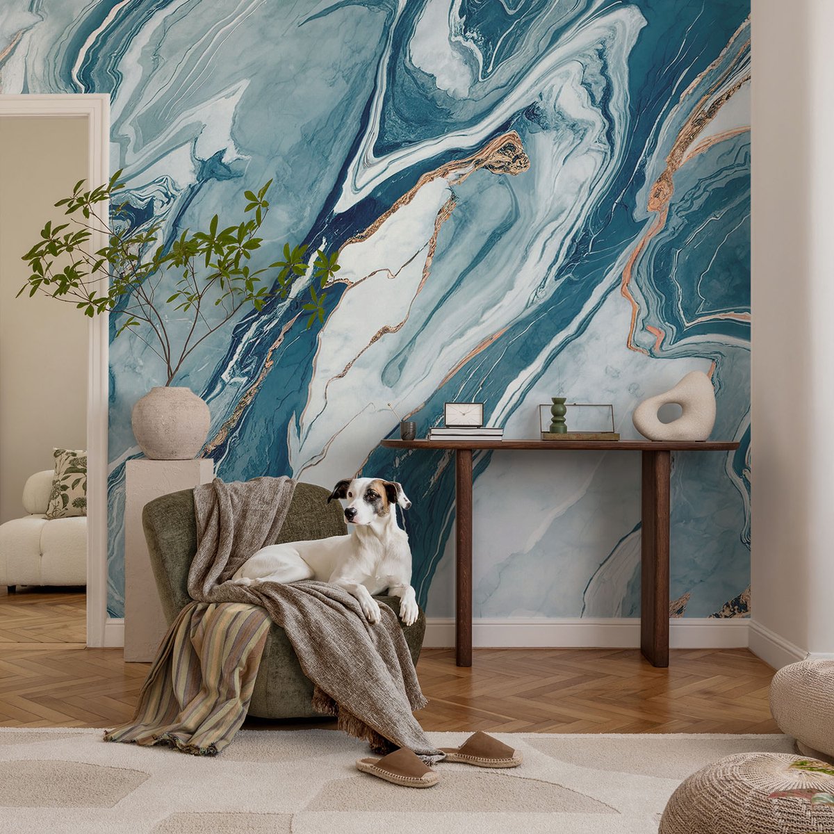 Wallfluent Fotobehang - Blauw Vliesbehang - 250x104 cm - Minerale Elegantie Fotobehang Vlies - Woonkamer behang Abstractie - Muurschildering - Woonkamer behang