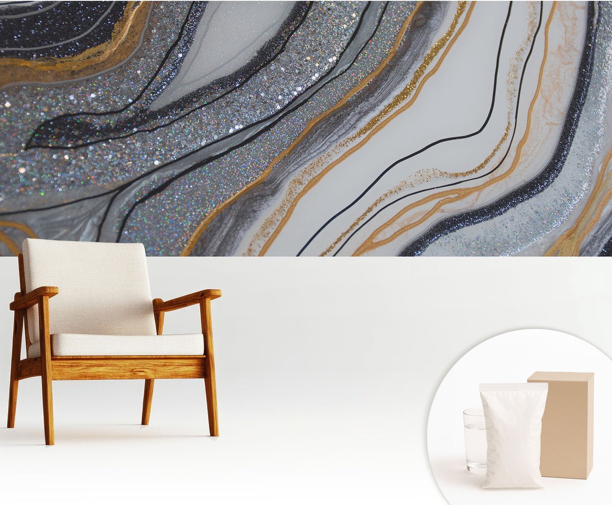 Wallfluent Fotobehang - Zwart Vliesbehang - 250x104 cm - Steengolven Fotobehang Vlies - Hal behang Abstractie - Muurschildering - Woonkamer behang