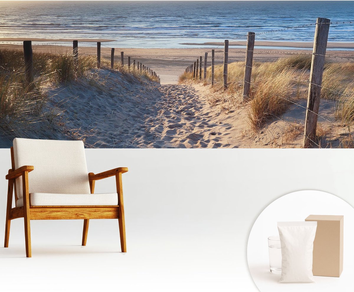 Wallfluent Fotobehang - Wit Vliesbehang - 250x104 cm - Strandpad Fotobehang Vlies - Hal behang Landschappen - Muurschildering - Woonkamer behang