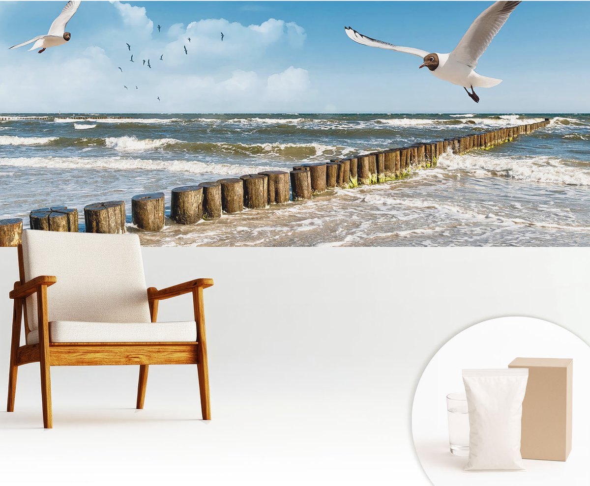Wallfluent Fotobehang - Blauw Vliesbehang - 250x104 cm - Kustlandschap Fotobehang Vlies - Woonkamer behang Landschappen - Muurschildering - Woonkamer behang