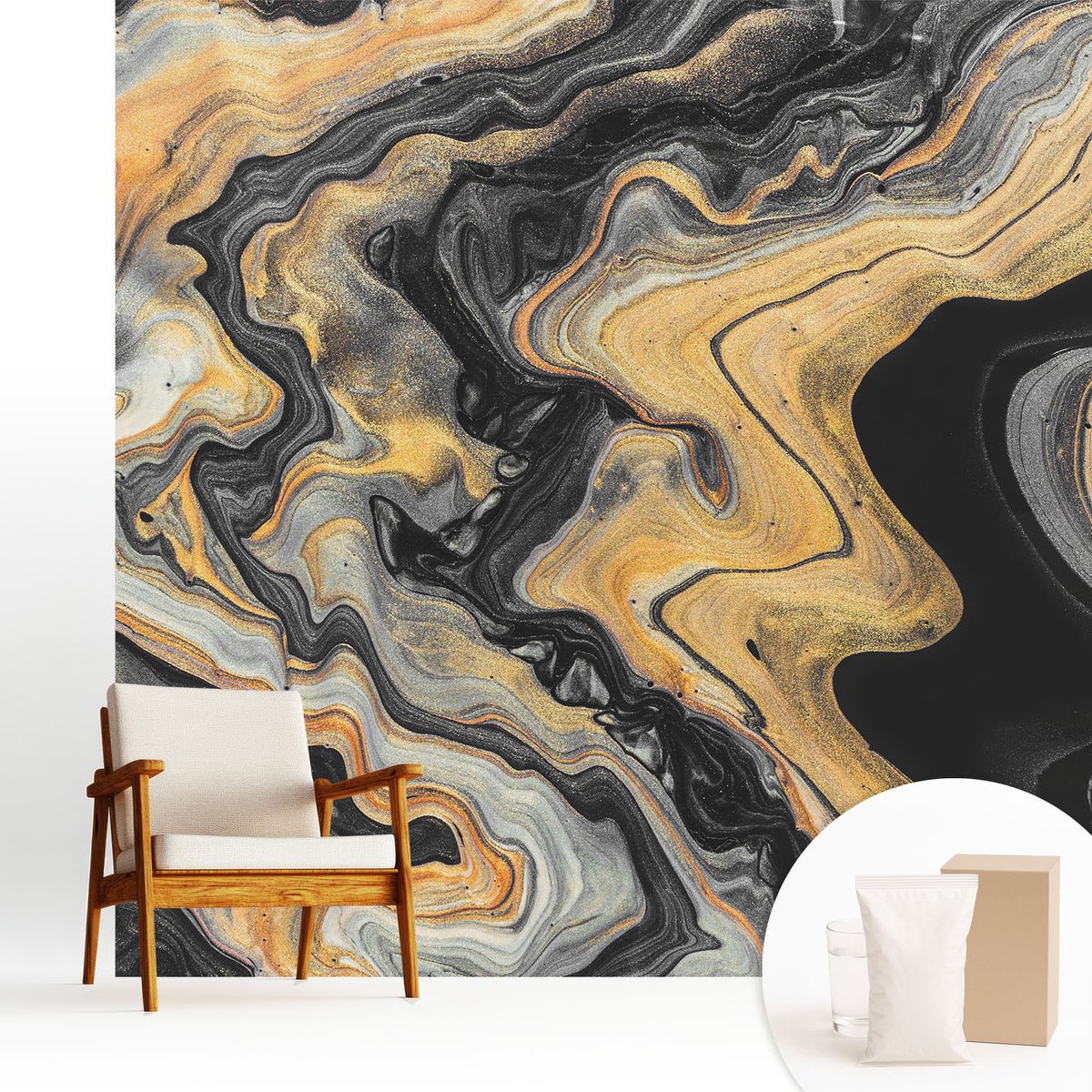 Wallfluent Fotobehang - Zwart Vliesbehang - 250x250 cm - Caleidoscoop Van Lijnen Fotobehang Vlies - Woonkamer behang Abstractie - Muurschildering - Woonkamer behang