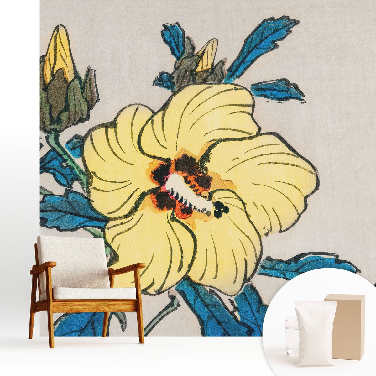 Wallfluent Fotobehang - Geel Vliesbehang - 250x250 cm - Gele Bloem Muurschildering - Slaapkamer behang Bloemen En Planten - Fotobehang Vlies - Slaapkamer behang
