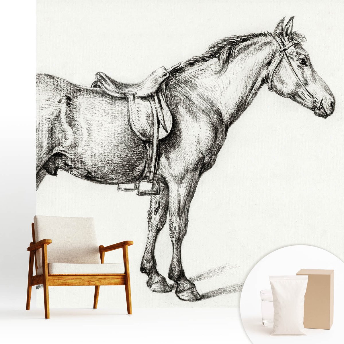 Wallfluent Fotobehang - Zwart-Wit Vliesbehang - 250x250 cm - Schets Van Een Paard Fotobehang Vlies - Hal behang Dieren - Muurschildering - Woonkamer behang