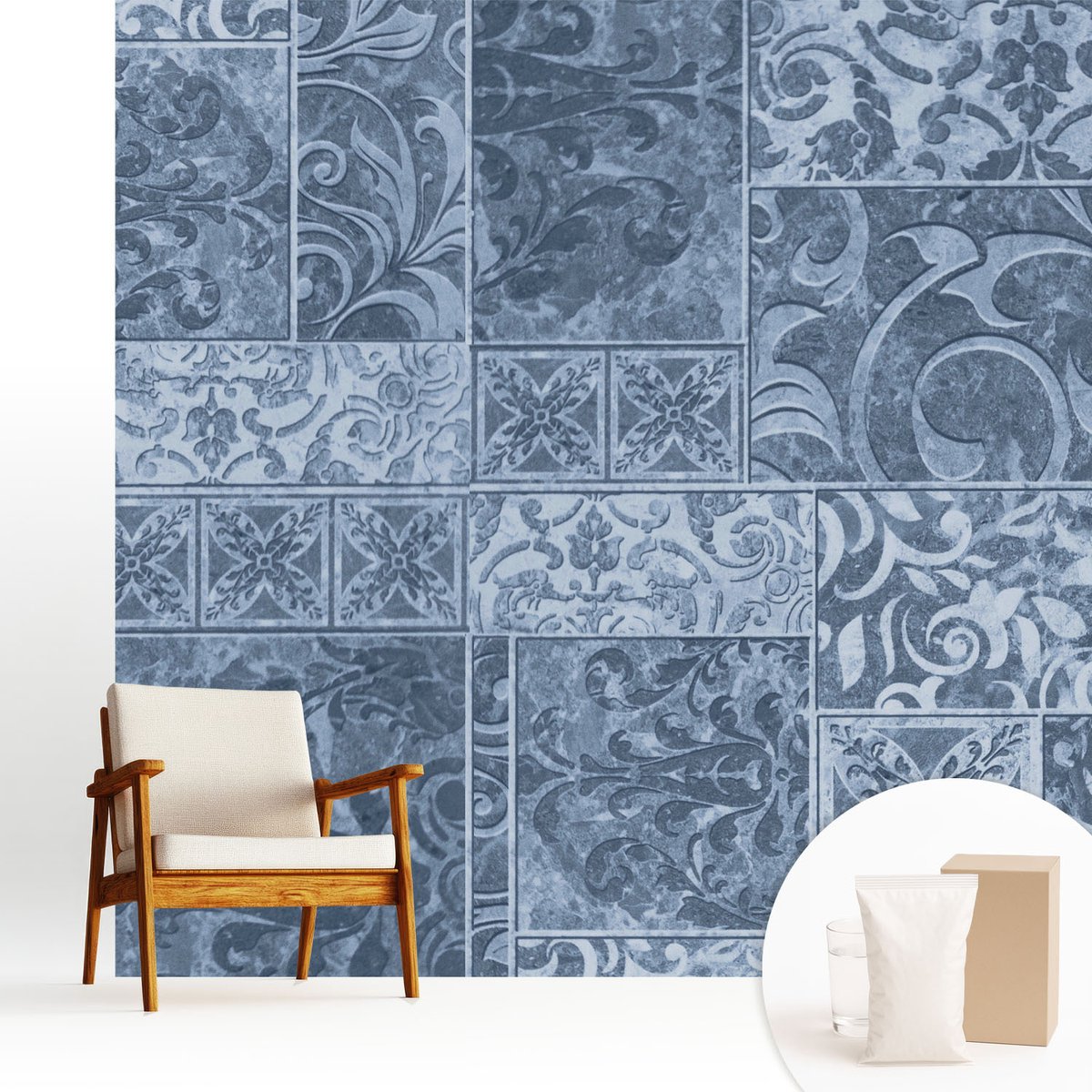 Wallfluent Fotobehang - Blauw Vliesbehang - 250x250 cm - Plantenornamenten Muurschildering - Slaapkamer behang Achtergronden En Patronen - Fotobehang Vlies - Slaapkamer behang