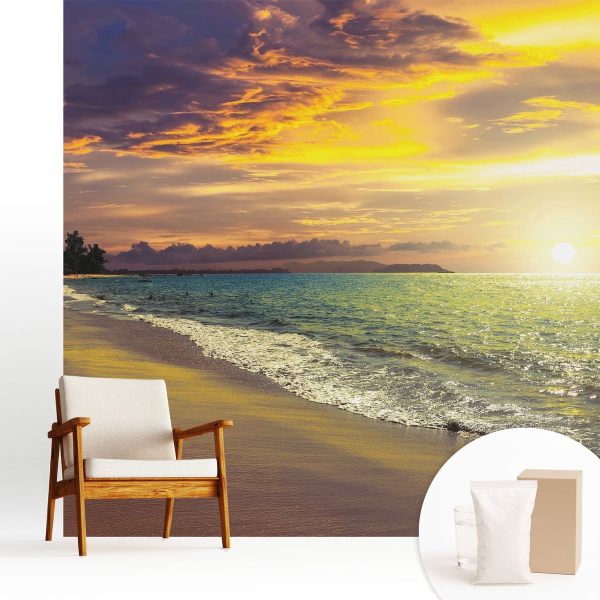 Wallfluent Fotobehang - Geel Vliesbehang - 250x250 cm - Strand Bij Zonsondergang Fotobehang Vlies - Woonkamer behang Landschappen - Muurschildering - Hal behang