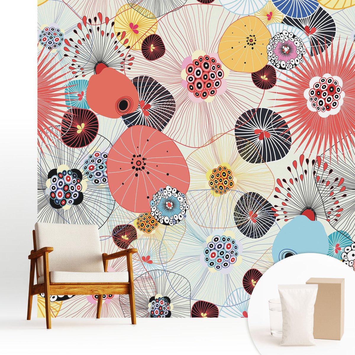 Wallfluent Fotobehang - Rood Vliesbehang - 250x250 cm - Kleurrijke Bloemen Muurschildering - Gang behang Abstractie - Fotobehang Vlies - Slaapkamer behang